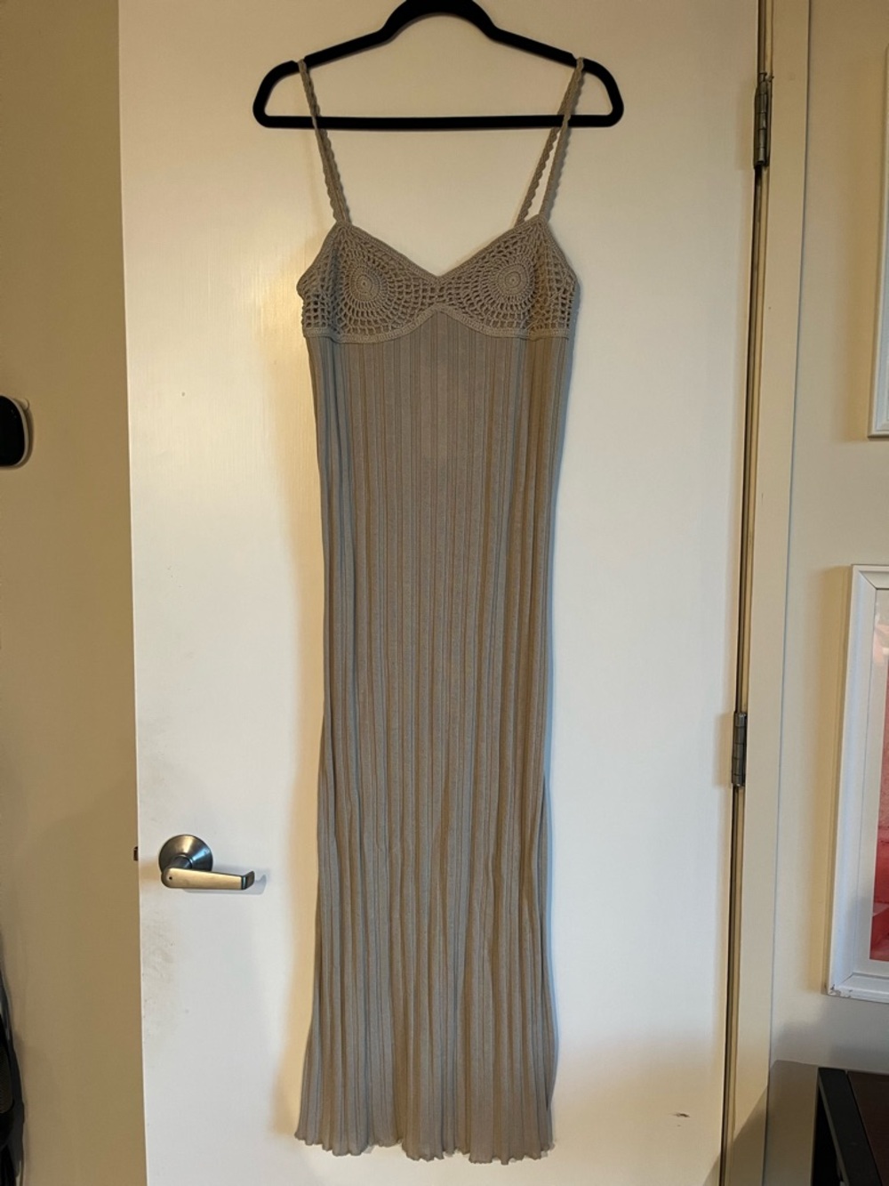 Zara Taupe Crochet Bust Ribbed Knit Maxi Dress